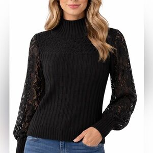 Black Lace Sleeve Ribbed Knit Sweater sz L